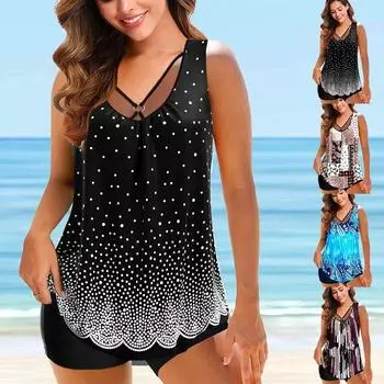 Женский купальник с принтом, комплект из двух предметов, купальник танкини, танкини с открытыми плечами, сексуальное бикини, купальный костюм, летняя пляжная одежда с высокой талией S чёрный