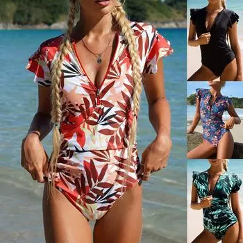 Женский купальник с принтом, консервативный цельный купальник с высокой талией и ремешком на животе L циан