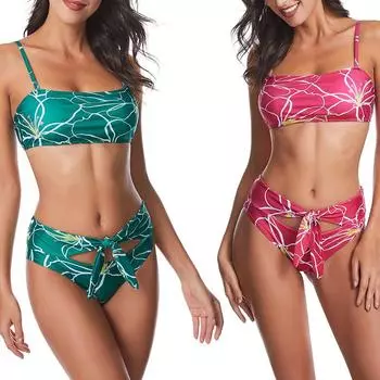 Женский купальник с принтом на бретельках, купальный костюм, женский купальный костюм с бантом, купальный костюм S зелёный