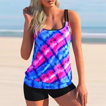 Женский купальник с принтом тай-дай, большие размеры, купальник с контролем живота, бикини, танкини в стиле ретро с шортами, пляжный купальный костюм S темно-синий