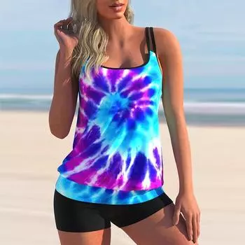 Женский купальник с принтом тай-дай, большие размеры, купальник с контролем живота, бикини, танкини в стиле ретро с шортами, пляжный купальный костюм S синий