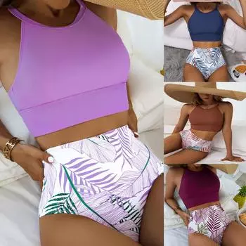 Женский купальник с разрезом и высокой талией, бикини с принтом листьев, купальник L синий