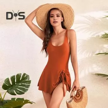 Женский купальник с U-образным вырезом без рукавов и мягкой подкладкой, цельный купальник с боковым узлом, нерегулярный подол, однотонное монокини XL армия зеленый