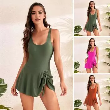 Женский купальник с U-образным вырезом без рукавов, слитный купальник с боковым узлом и неровным подолом XL армия зеленый
