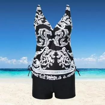 Женский купальник с v-образным вырезом и завязками по бокам, с высокой талией и винтажным принтом, топ с контролем живота 3XL чёрный