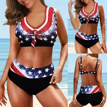 Женский купальник с высокой талией и принтом, купальный костюм из двух частей, пляжная одежда, бикини, большие размеры S-4XL S разноцветный