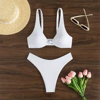 Женский купальник с высокой талией, купальник-бикини, комплект бикини на бретельках, сексуальные стринги, купальный костюм для женщин, летняя пляжная одежда XL белый