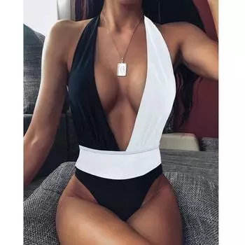 Женский купальник с высокой талией, леопардовый цельный купальник, женский бандажный монокини, сексуальный комплект бикини S чёрный