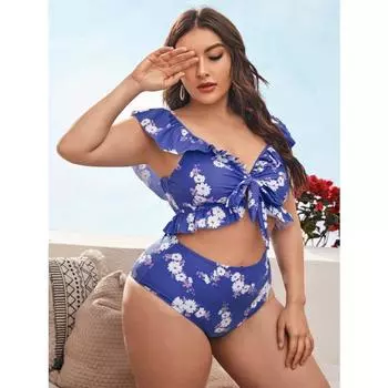 Женский купальник с высокой талией, сексуальный, большого размера, пляжный, приморский, бикини 0XL синий