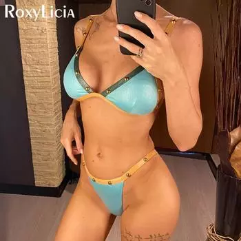 Женский купальник с жемчугом и высоким вырезом, женский купальник, комплект из двух частей, купальный костюм, купальный костюм для женщин S синий