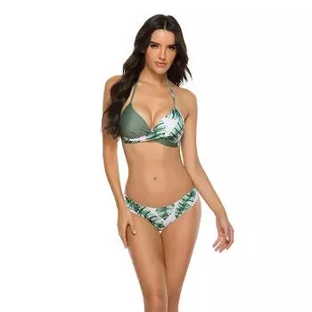 Женский купальник сексуальный обтягивающий с открытой спиной, высокая эластичность, жесткий пакет, раздельный купальник, цвет правописания, зеленые листья, бикини S