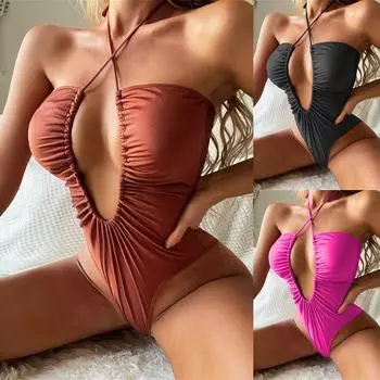 Женский купальник, сплошной цвет, цельный купальник с лямкой на шее и шнурком, сексуальное бикини, бразильская пляжная одежда S чёрный