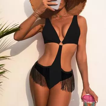 Женский купальник, сплошной цвет, цельный купальник, сексуальное бикини с кисточками, бразильская пляжная одежда S чёрный