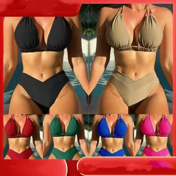 Женский купальник, сплошной цвет, сексуальная треугольная сумка, бретелька на шее, открытая завязка на спине, бикини с высокой талией, пляжная одежда, купальные костюмы, 7 цветов S чёрный