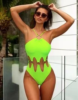 Женский купальник, сплошной цвет, сексуальное кольцо с вырезом сзади и завязкой на спине, Цельный купальник, бикини, пляжная одежда, купальные костюмы S зелёный