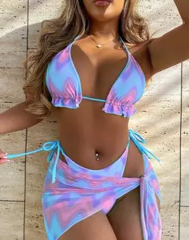 Женский купальник, сплошной цвет, сексуальный комплект из трех предметов с завязками на спине, бикини, пляжная одежда, купальные костюмы S розовый