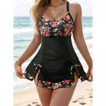 Женский купальник танкини большого размера, юбка с цветочным узором, регулируемые бретели, купальник для бассейна и пляжа S чёрный
