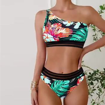Женский купальник танкини из 2 частей с принтом красных цветов и зеленых листьев, купальные костюмы для отпуска S зелёный