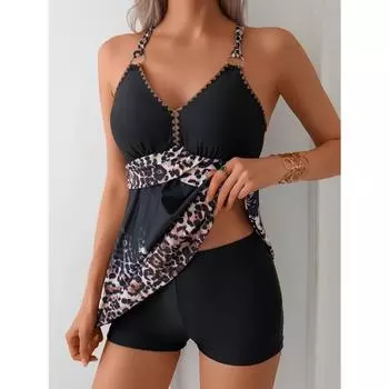 Женский купальник танкини с V-образным вырезом и леопардовым принтом, купальник без рукавов с высокой эластичностью и шнуровкой, раздельный купальник для плавания S разноцветный