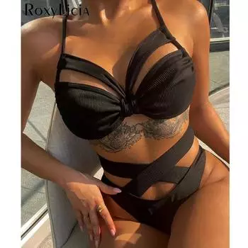 Женский купальник в рубчик с вырезом, бикини с высокой талией, женский купальник из двух частей, комплект бикини с высоким вырезом, купальный костюм для плавания S чёрный