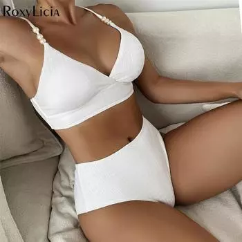 Женский купальник в рубчик с жемчугом, бикини с высокой талией, женский купальник, комплект бикини из двух частей, мягкий купальный костюм, купальный костюм для плавания S белый