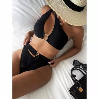 Женский купальник, женский купальник с высокой талией, черный комплект бикини на одно плечо, купальный костюм, купальные костюмы, пляжная одежда S чёрный