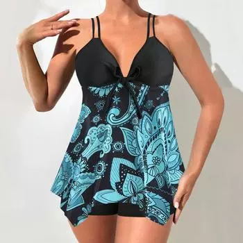 Женский купальник, женский модный комплект бикини с цветочным принтом, бикини с высокой талией и пуш-ап, купальник из двух частей, женский купальный костюм, сексуальный купальный костюм XS синий