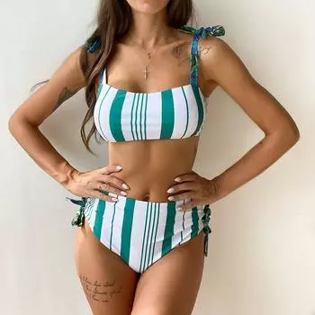 Женский купальник, женский сексуальный комплект бикини с высокой талией, полосатый купальник, купальный костюм в стиле ретро, купальный костюм, пляжная одежда для плавания S чёрный