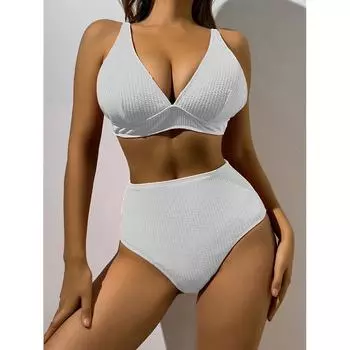 Женский купальный костюм из двух предметов с высокой талией, летний комплект бикини, купальники, однотонные купальники с эффектом пуш-ап S чёрный