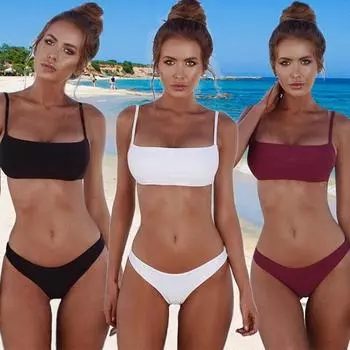 Женский купальный костюм, комплект, сексуальный бюстгальтер с подкладкой пуш-ап, стринги с низкой талией, однотонный комплект бикини, треугольный купальник, танкини S белый