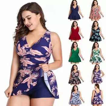Женский купальный костюм, летний купальник с цветочным узором, пуш-ап, плюс размер, купальный костюм с v-образным вырезом, платье, купальный костюм из двух предметов S темно-синий