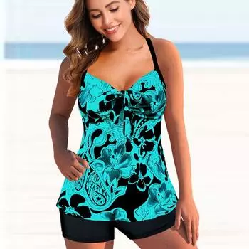 Женский купальный костюм с лямкой на шее, купальник из двух частей, купальный костюм, танкини с цветочным принтом, топ, шорты для мальчика, одежда для купания, S-6XL S синий