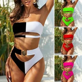 Женский купальный костюм с открытыми плечами, без рукавов, с открытой спиной, с высокой талией S черный белый