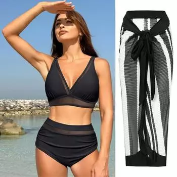 Женский купальный костюм, сплошной цвет, комплект из 3 предметов с высокой талией и мягкой подкладкой, комплекты бикини с эффектом пуш-ап + купальник, пляжное платье, купальный костюм с v-образным вырезом S чёрный