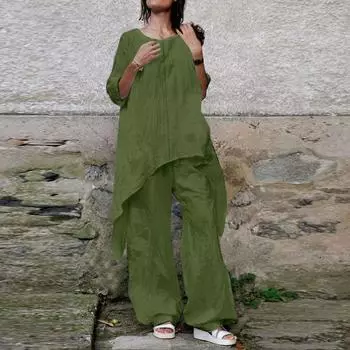 Женский льняной костюм-двойка Льняной костюм Брюки и рубашки с рукавами три четверти с неровным подолом Повседневный брючный костюм Льняная блузка с круглым вырезом Свободное белье XXXXL