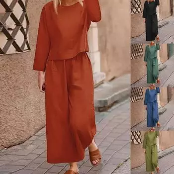 Женский льняной костюм-двойка Льняной костюм Брюки и рубашки с длинными рукавами Повседневный брючный костюм оверсайз Льняная блузка с круглым вырезом Свободные льняные брюки L чёрный