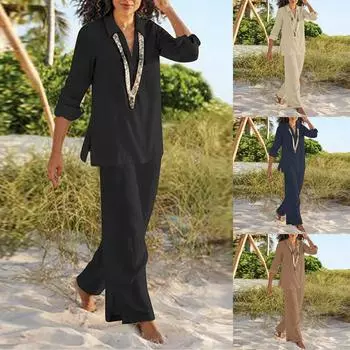 Женский льняной костюм-двойка. Льняной костюм. Брюки и рубашки с длинными рукавами. Повседневный брючный костюм оверсайз. Льняная блузка с v-образным вырезом. Свободные льняные брюки. L чёрный