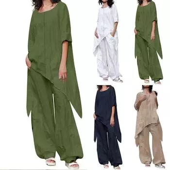 Женский льняной костюм-двойка Льняной костюм Брюки и рубашки с рукавами три четверти с неровным подолом Повседневный брючный костюм Льняная блузка с круглым вырезом Свободное белье XXXL