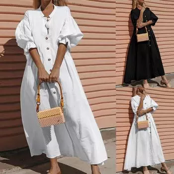 Женский льняной однотонный повседневный кардиган с V-образным вырезом и рукавами, длинное платье