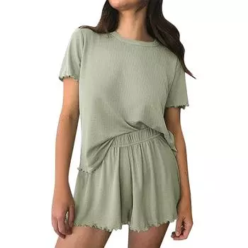 Женский льняной топ из 2 предметов с короткими рукавами и широкими брюками на шнурке, одинаковый костюм с карманами L серый