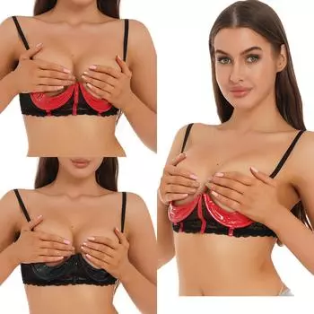 Женский лакированный кожаный бюстгальтер на косточках 1/3 чашки с цветочным кружевом, бюстгальтер, нижнее белье, подарок на медовый месяц S