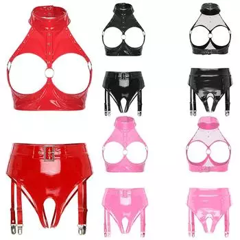 Женский лаковый кроп-топ на бретелях с открытыми чашками и открытой спиной, комплект нижнего белья с высокой талией и подвязками, клубная одежда S