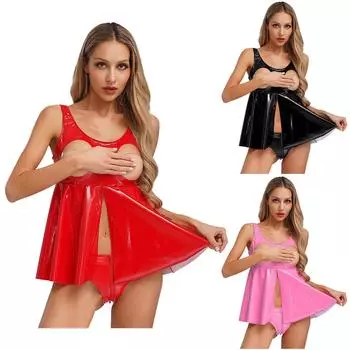 Женский латексный топ с эффектом мокрой кожи, без рукавов, с вырезами спереди, разрезом, оборками, клубная одежда, ночная одежда, рейв-наряд S