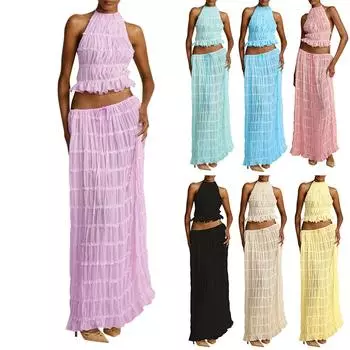 Женский легкий дышащий однотонный сексуальный кружевной топ и юбка с открытой спиной, комплект из двух предметов, свободное платье для отдыха на море L чёрный