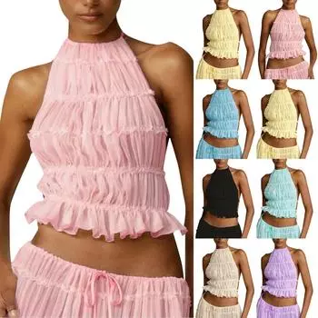 Женский легкий дышащий однотонный сексуальный кружевной топ без рукавов с открытой спиной L