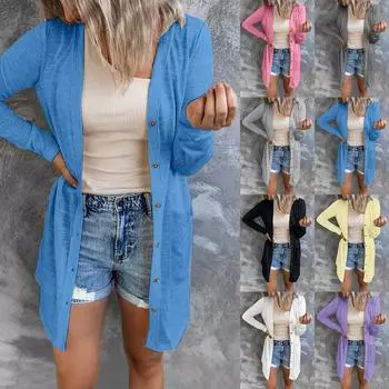 Женский легкий кардиган с открытым передом и длинными рукавами на пуговицах, свободная верхняя одежда L чёрный