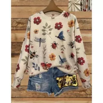 Женский легкий свитер с 3D-принтом насекомых и цветов - Повседневный топ с длинными рукавами и круглым вырезом, с ярким изображением стрекозы, всесезонный топ с цветочным принтом XS абрикосовый