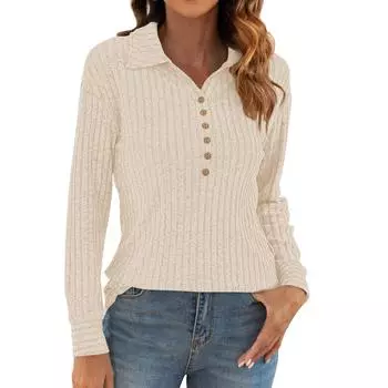 Женский легкий свитер с длинным рукавом, осенне-зимняя туника с воротником на пуговицах L бежевый