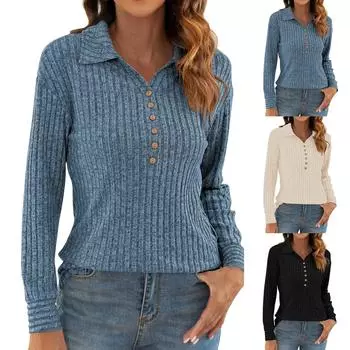 Женский легкий свитер с длинным рукавом, осенне-зимняя туника с воротником на пуговицах XXL чёрный