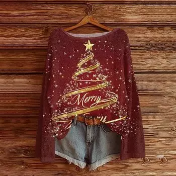 Женский легкий свитер с круглым вырезом, повседневный вязаный пуловер с длинным рукавом и рождественским принтом. S золотой